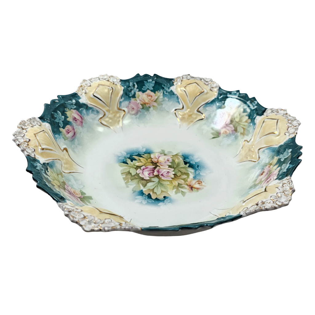 Antique RS Prussia 10.5” Bowl Mold 82 Variation Teal Green Pink Roses