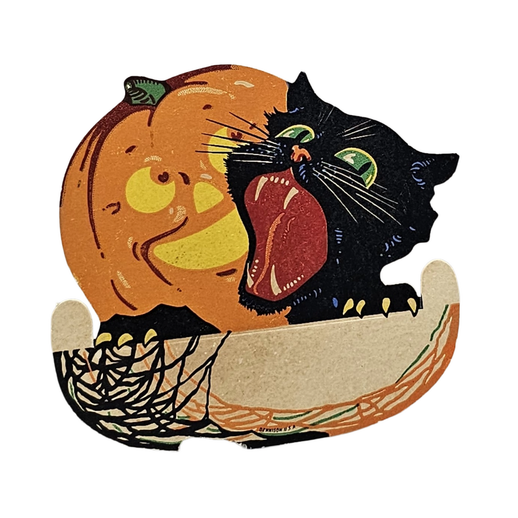 Vintage Halloween Die Cut: Dennison Black Cat & Pumpkin Place Card