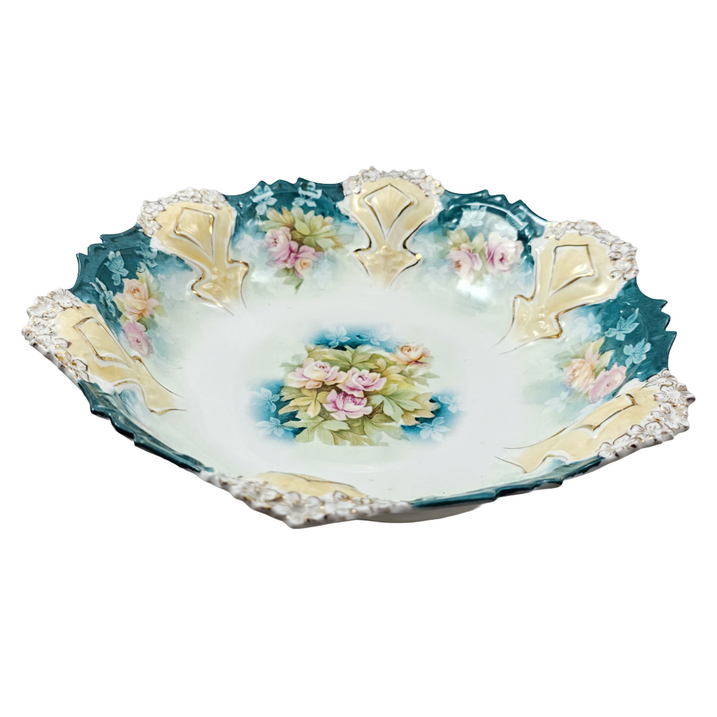Antique RS Prussia 10.5” Bowl Mold 82 Variation Teal Green Pink Roses