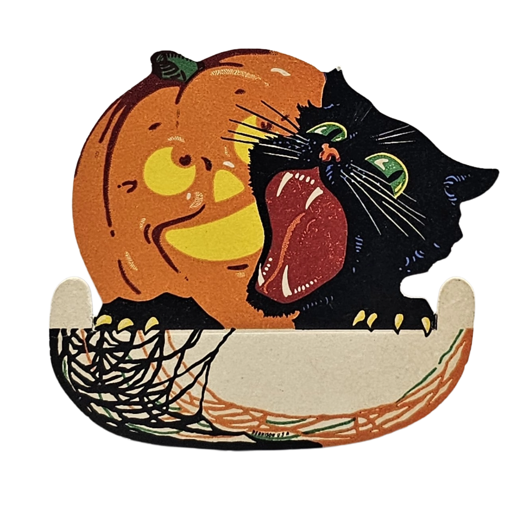 Vintage Halloween Die Cut: Dennison Black Cat & Pumpkin Place Card