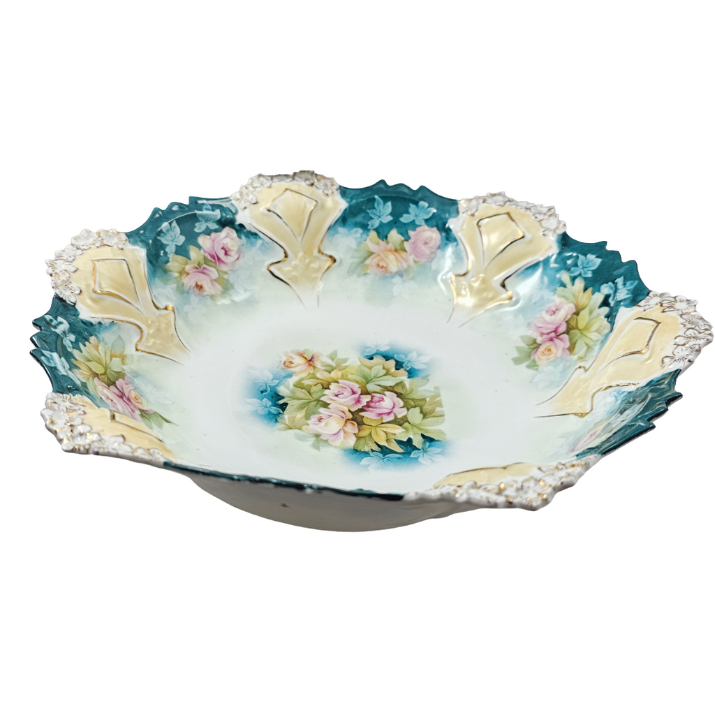 Antique RS Prussia 10.5” Bowl Mold 82 Variation Teal Green Pink Roses