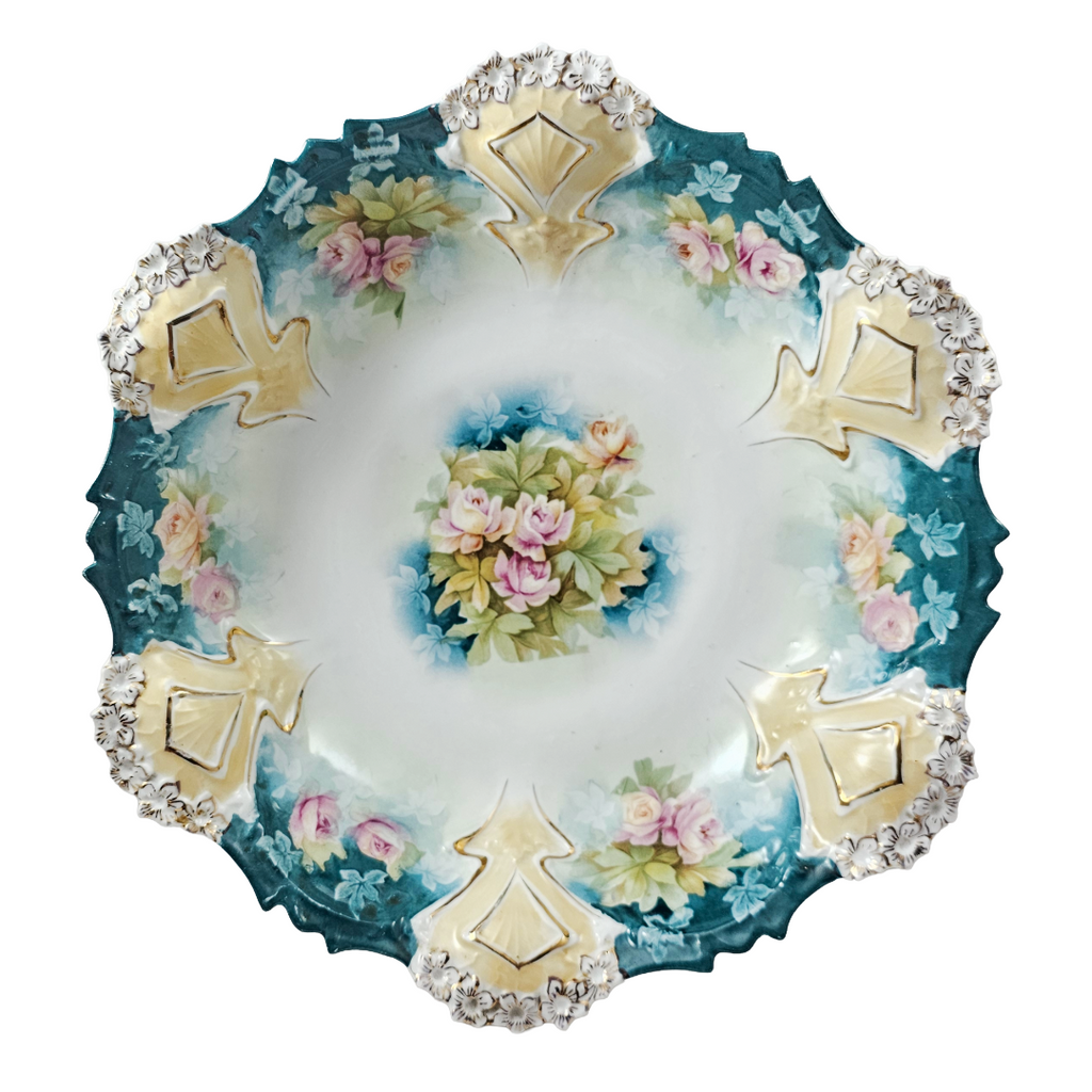 Antique RS Prussia 10.5” Bowl Mold 82 Variation Teal Green Pink Roses