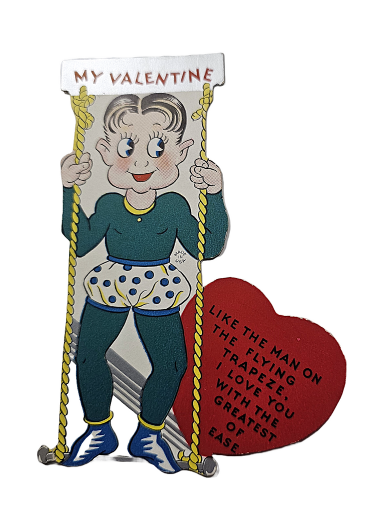 Vintage Antique Die Cut Valentine Card Flying Trapeze Man with Heart and Rhyme