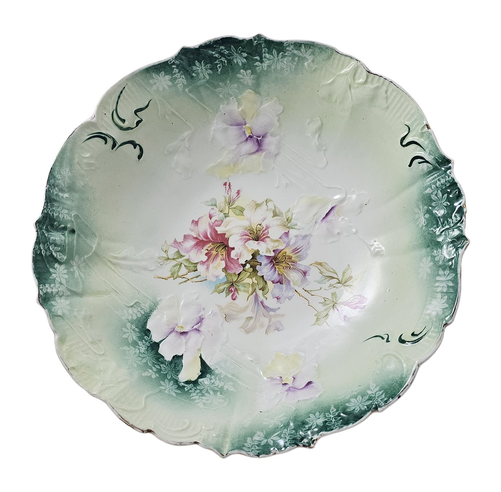 RS Prussia Porcelain Bowl Teal Rim Mold 32 Floral Pattern
