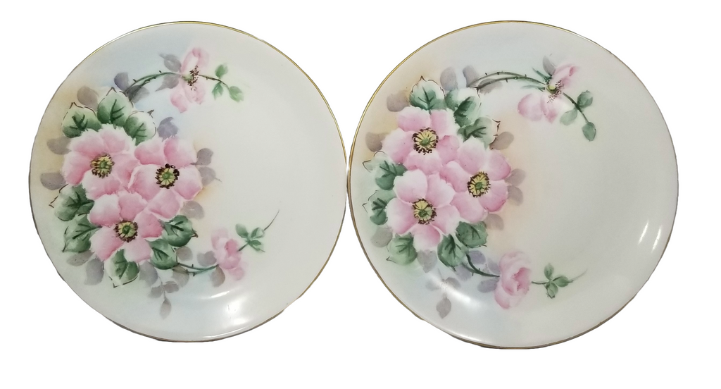 Bavarian Porcelain Plate Set of Six (6) Hand Painted Pink Floral Decor