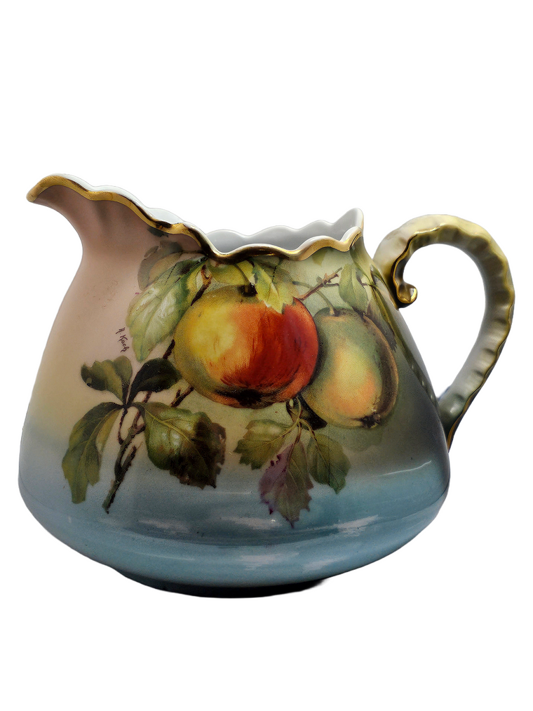 Antique German Bavarian Porcelain Cider Pitcher Artist Signed Hand Painted Apples with Gold Gilt Trim