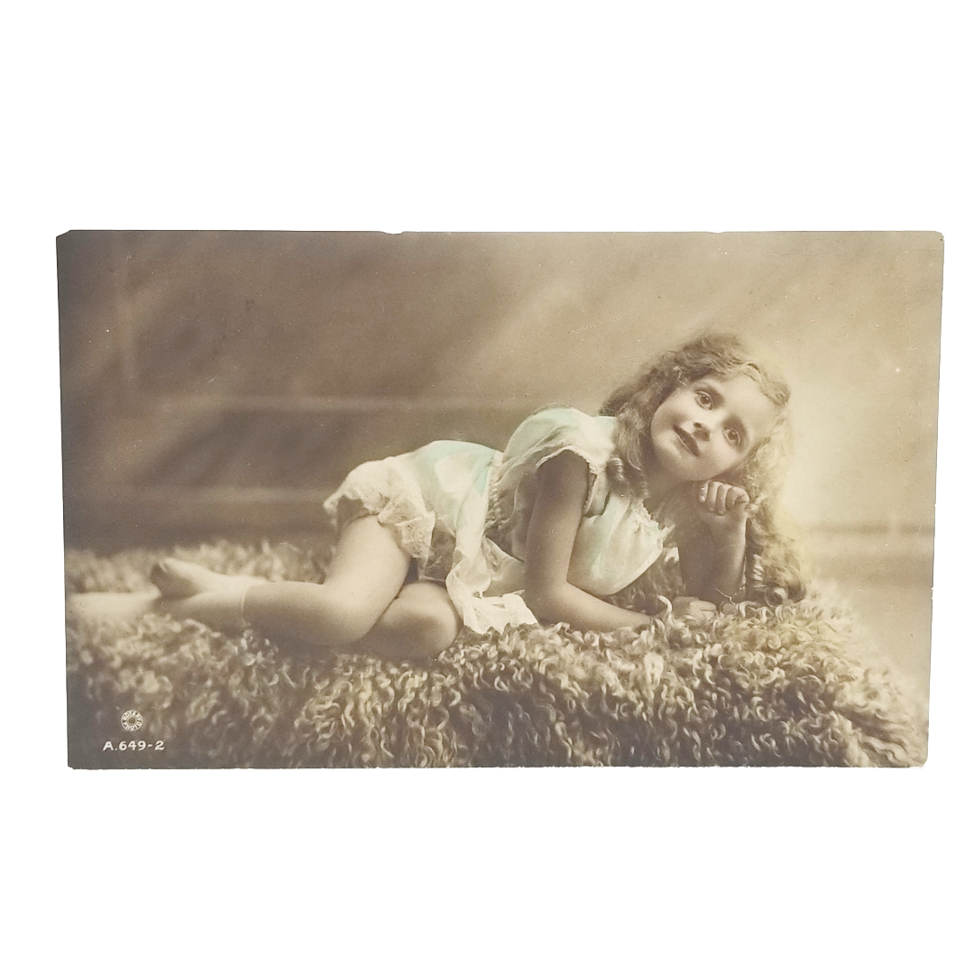 Real Photo Studio Hand Tinted Postcard British Child in Blue Dress