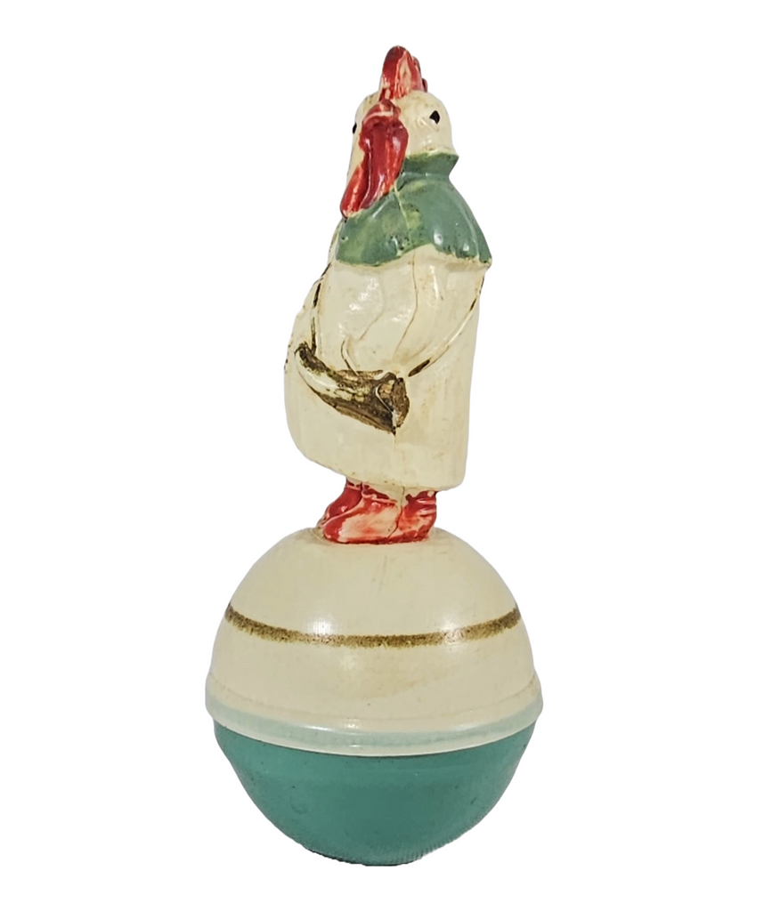 German Celluloid Roly Poly Toy Mr. Rooster Evening Suit