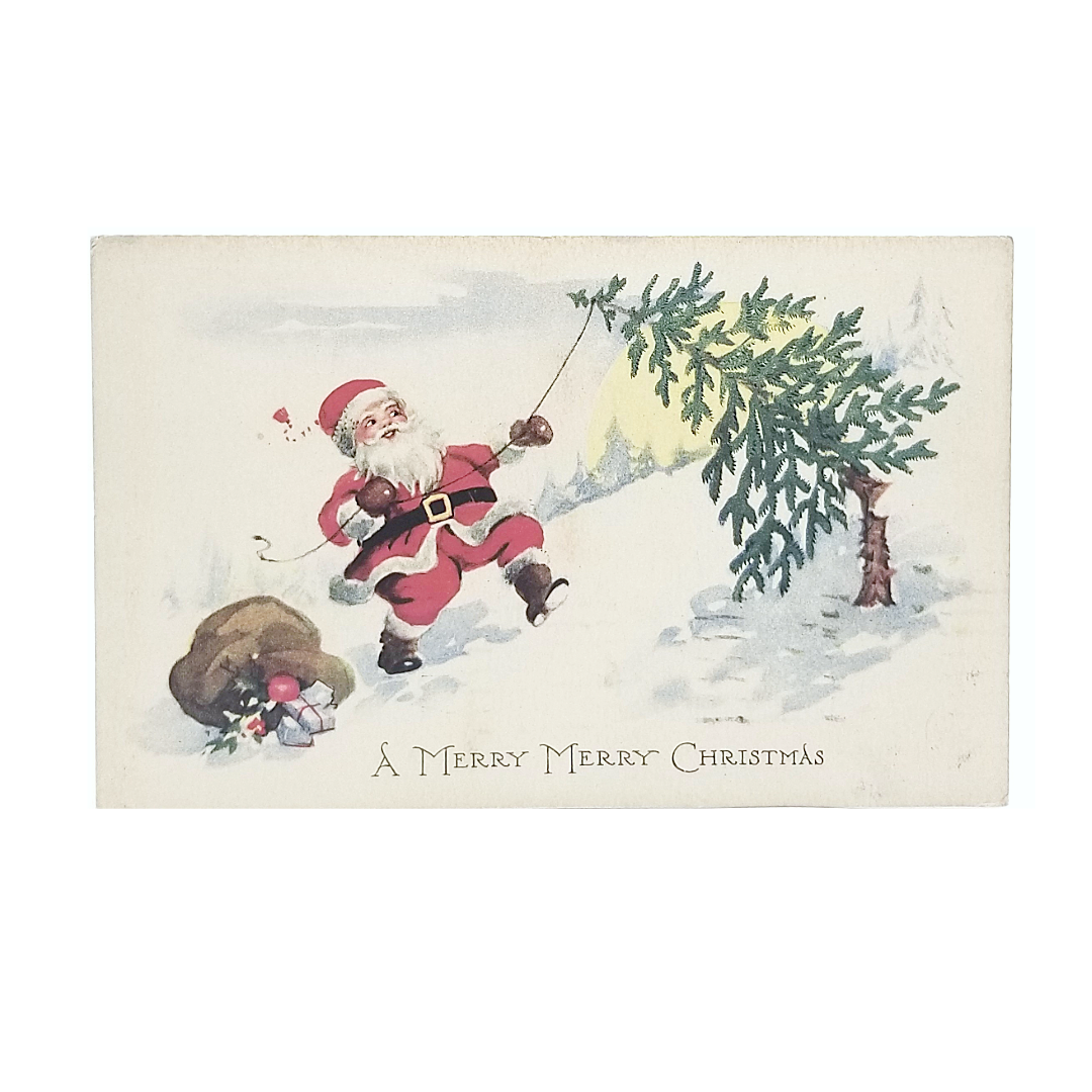 Christmas Postcard Santa Claus Pulling Pine Tree Out of Snow