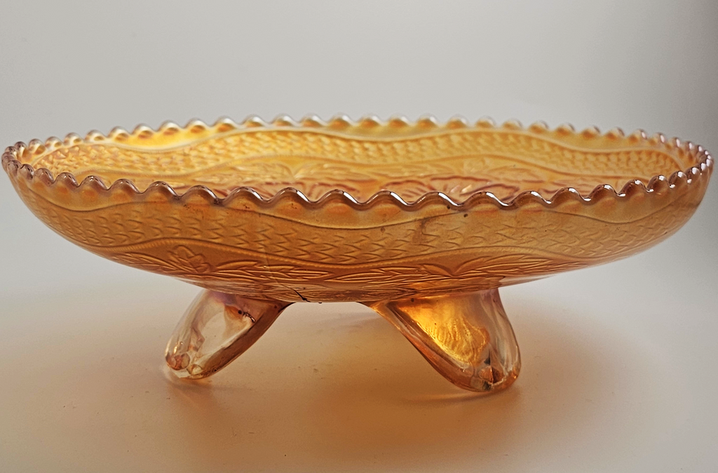 Fenton Marigold Carnival Glass Footed Bowl: Dogwood & Marsh Lily Pattern
