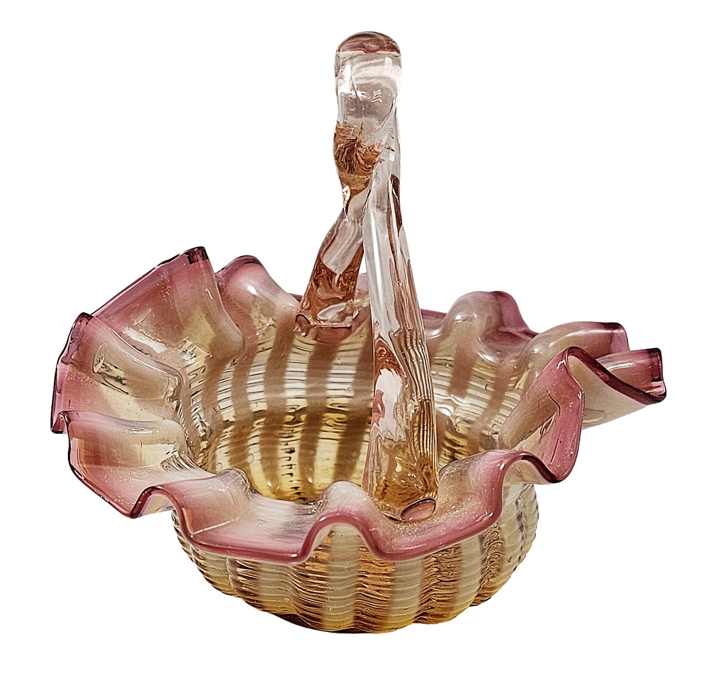 Victorian Stevens Williams Art Glass Miniature Pink Opalescent Stripe Basket
