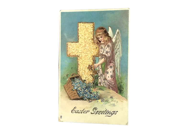 Easter Postcard Angel Kneeling with Cross & Flowers Gold Embossed Highlights
