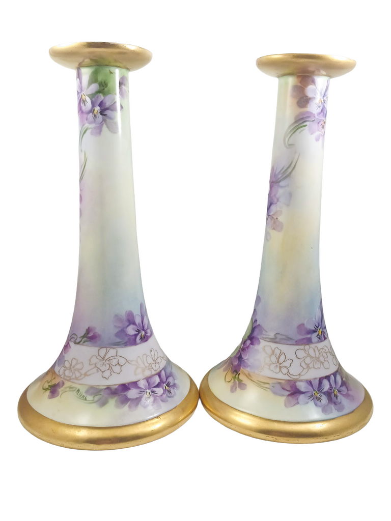 Limoges Porcelain Candle Holders Hand Painted Violets Artist Signed Perl