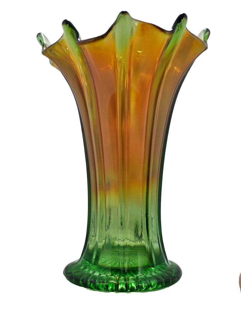 Antique Northwood Thin Ribbed Carnival Glass Vase, Marigold & Green Standard Swung Carnival Vase