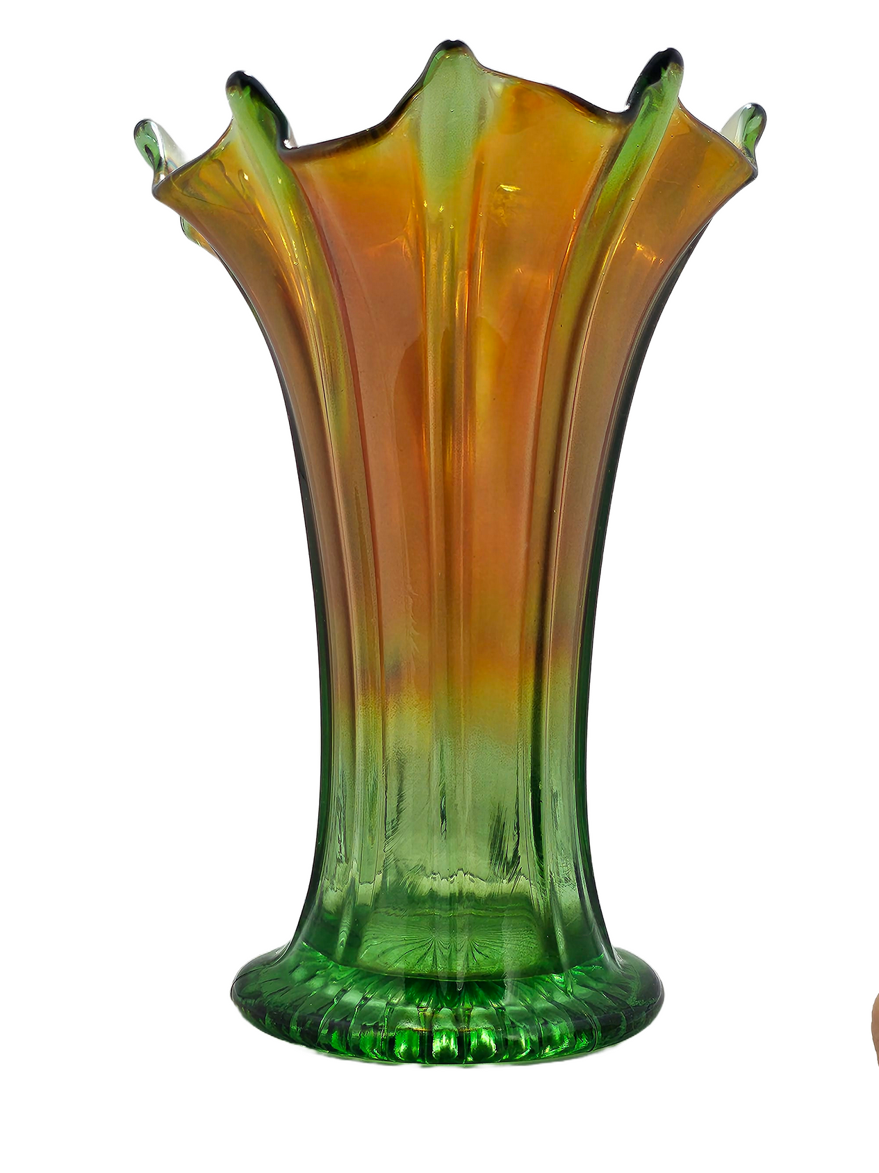 Northwood Thin Ribbed Swung Marigold Green Carnival Glass Vase