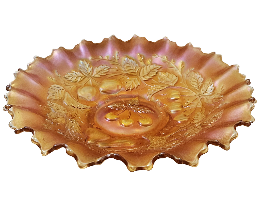 Northwood Marigold Three Fruits Carnival Glass Bowl Pie Crust Border