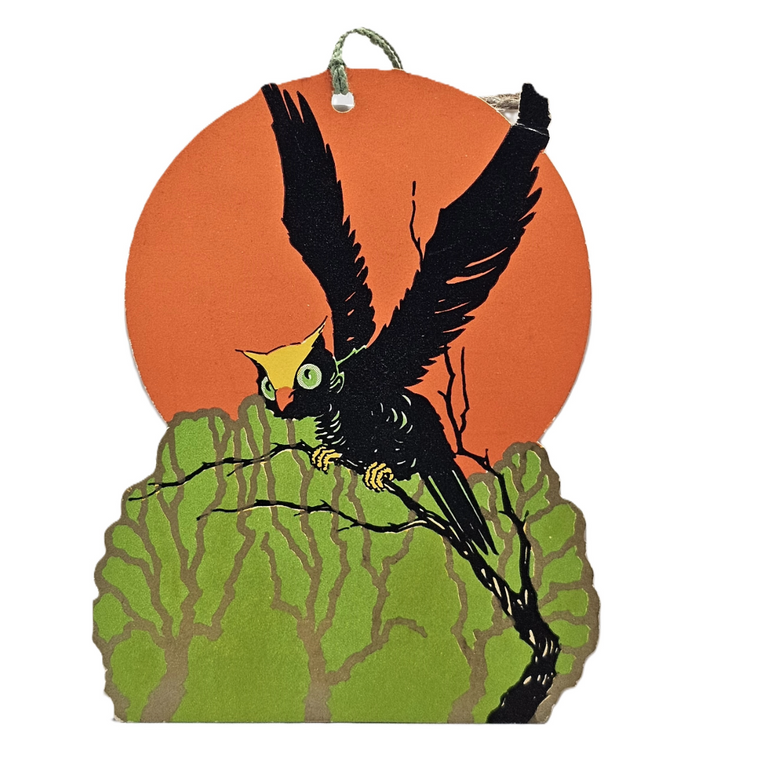 Vintage Halloween Die Cut Tally Card Black Owl In Front of Orange Moon