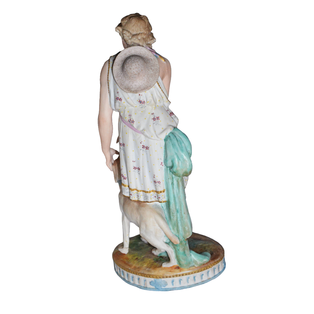 Old Paris French Bisque Sculpture Man and Dog Hand Painted Biscuit Porcelain 12" T Early Embossed Mark