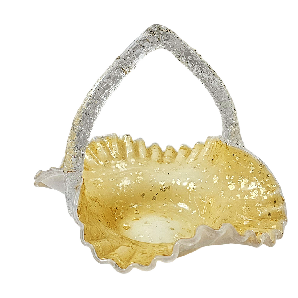 Victorian Cased Art Glass Basket Gold Mica Ruffle Rim Thorn Handle