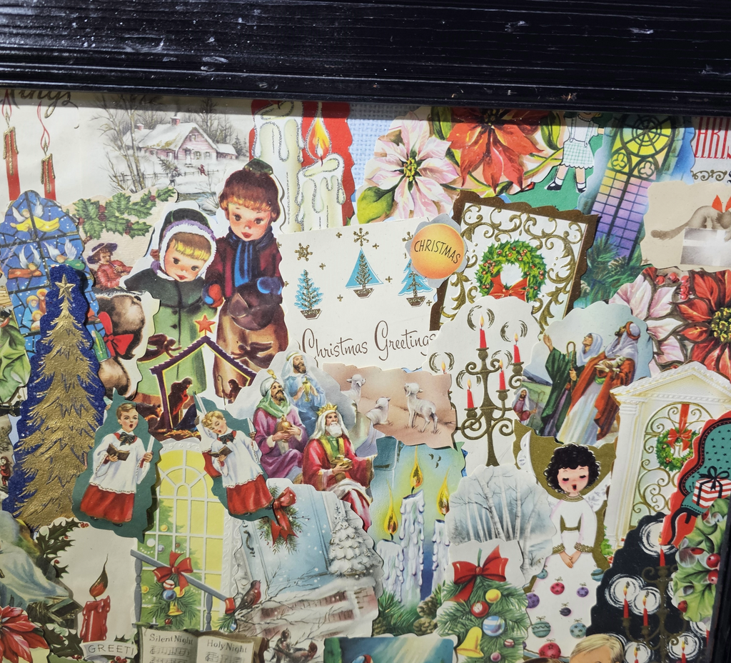 Framed Mid Century MCM Vintage Christmas Card Collage Puzzle Art