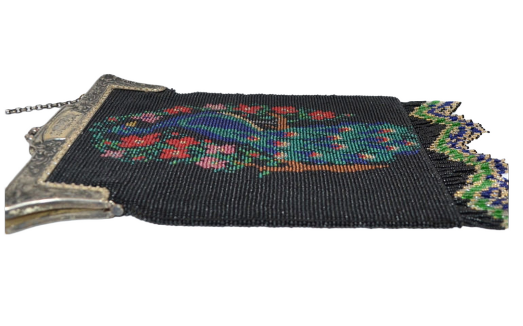 Antique Vintage Handmade Scenic Handbag Beaded PEACOCK PURSE