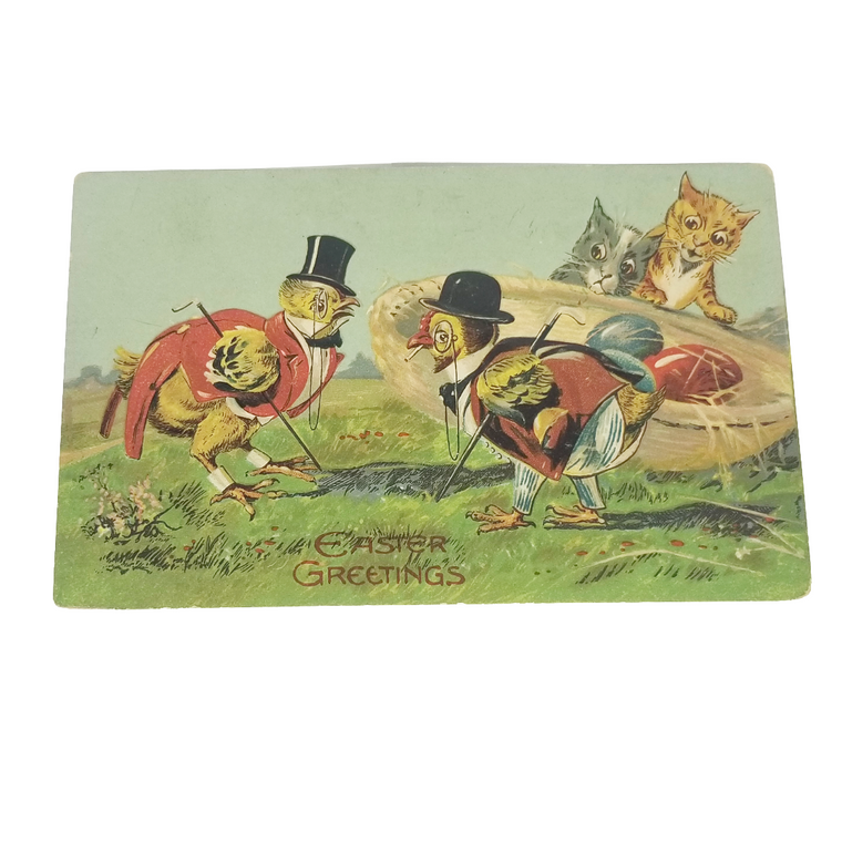 Vintage Easter postcard with chickens and a cat, featuring 'Easter Greetings'.