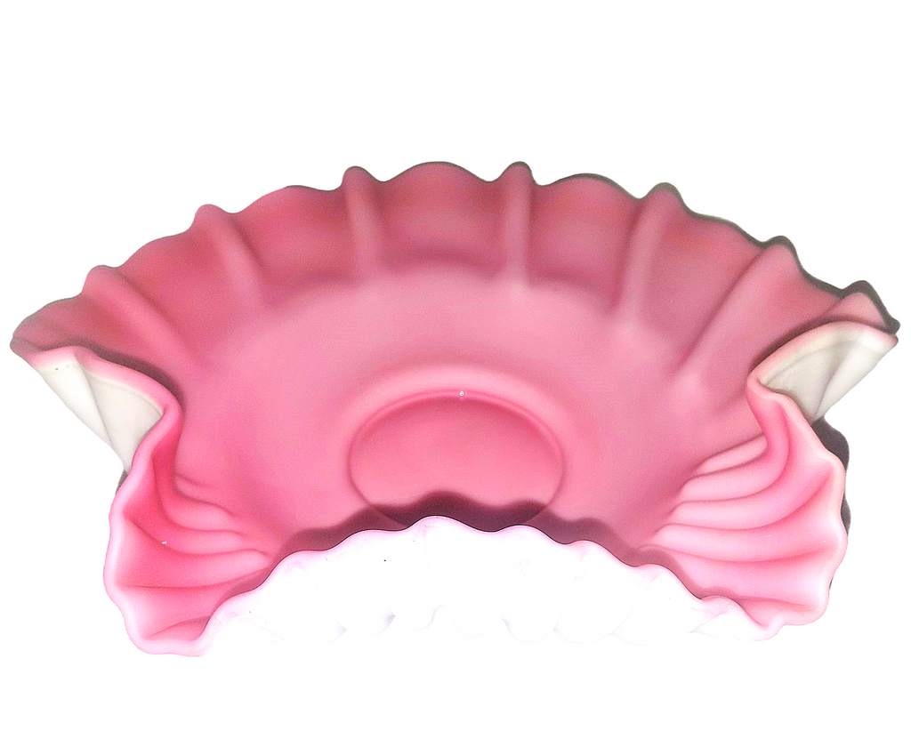 Antique Glass Bride's Bowl, Mt Washington Satin Glass Pink Cranberry Crimped Bowl