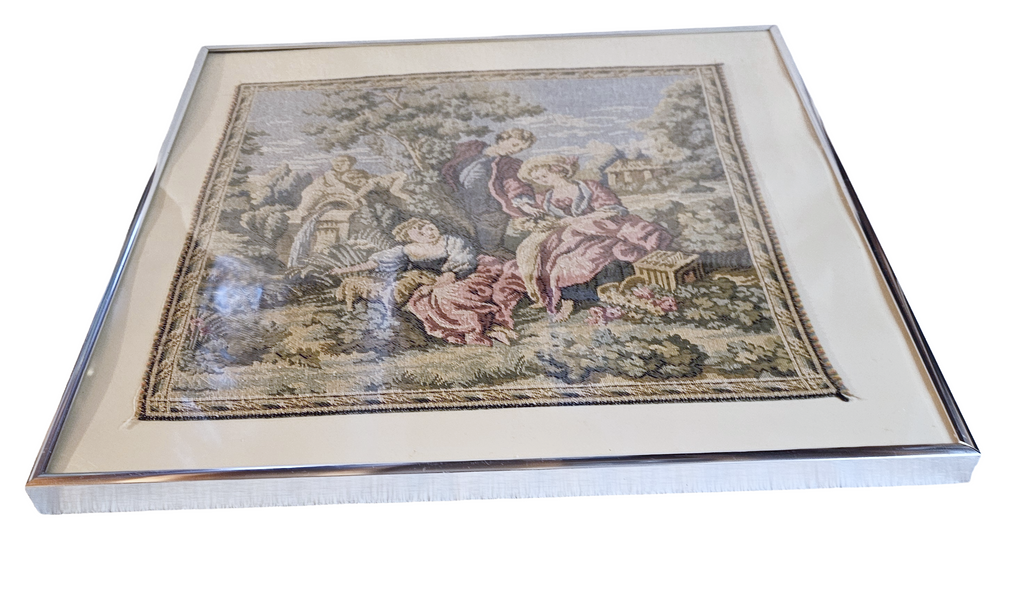 Vintage Pair Framed French Tapestries Pastoral Scenes People w/ Sheep