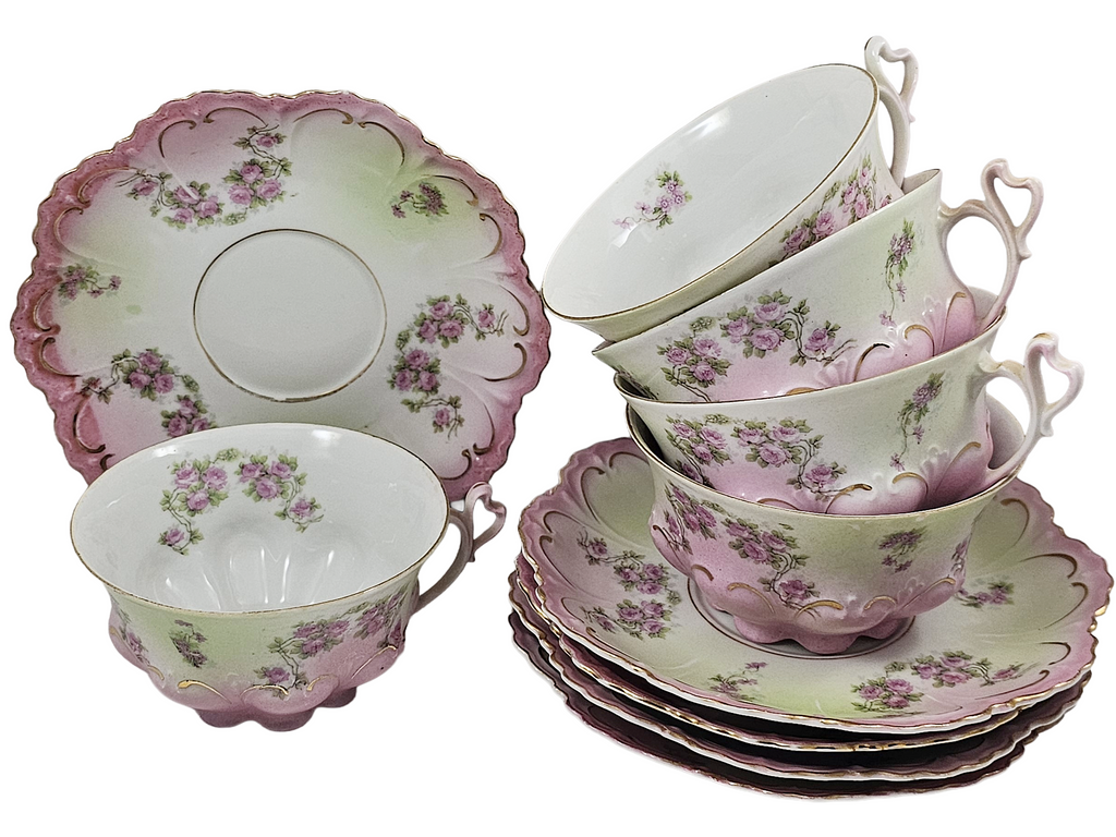 Antique Austrian Floral Porcelain Pink & Green Ornate 10 pc Cup Set