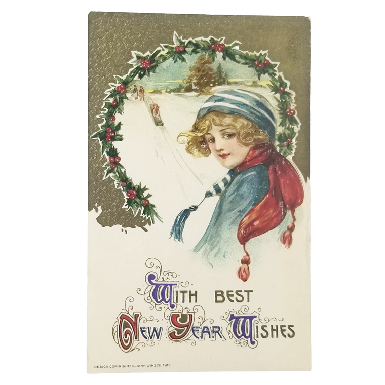 New Year Postcard Woman Blue Sweater Watching Sledding Winsch Schmucker