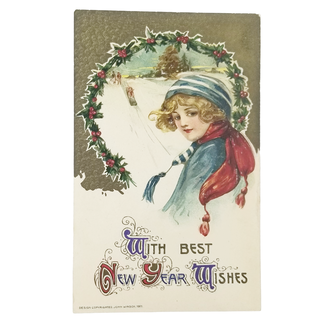 New Year Postcard Woman Blue Sweater Watching Sledding Winsch Schmucker
