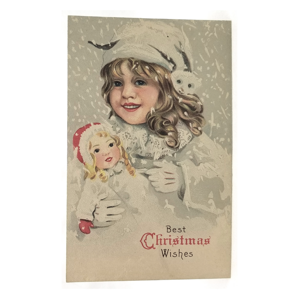 Vintage Christmas Postcard, Antique Holiday Card, Little Girl in Snow Holding Doll with White Teddy Bear Series 736A