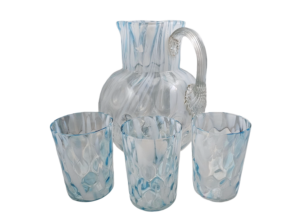 Phoenix Spot Optic Spatter Glass Four Piece Water Set Pitcher Tumblers Opal Blue