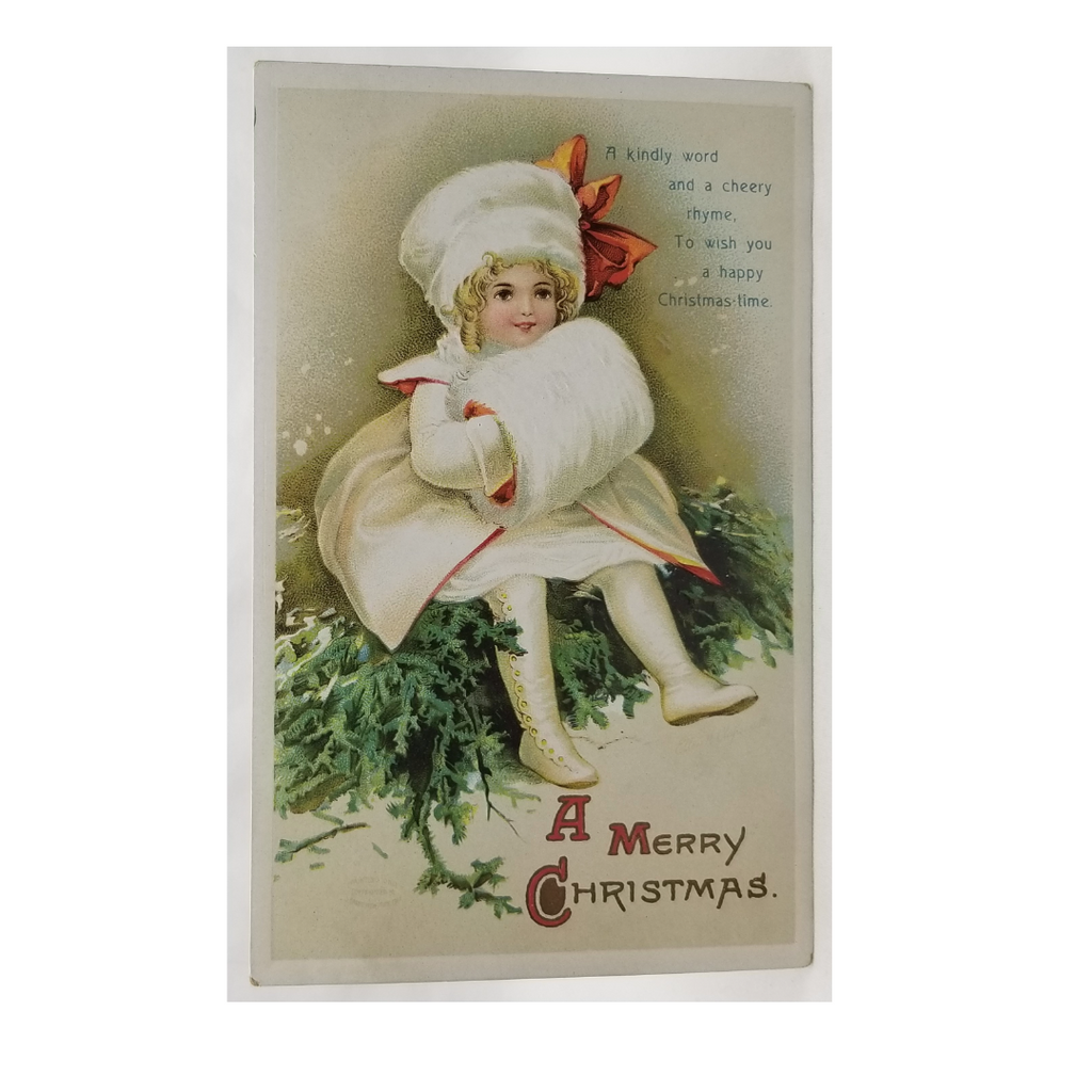 Vintage Christmas Postcard, Antique Holiday Card by Artist Ellen Clapsaddle Little Girl in White Fur on Pine Branches Series 1391 IAP Pub