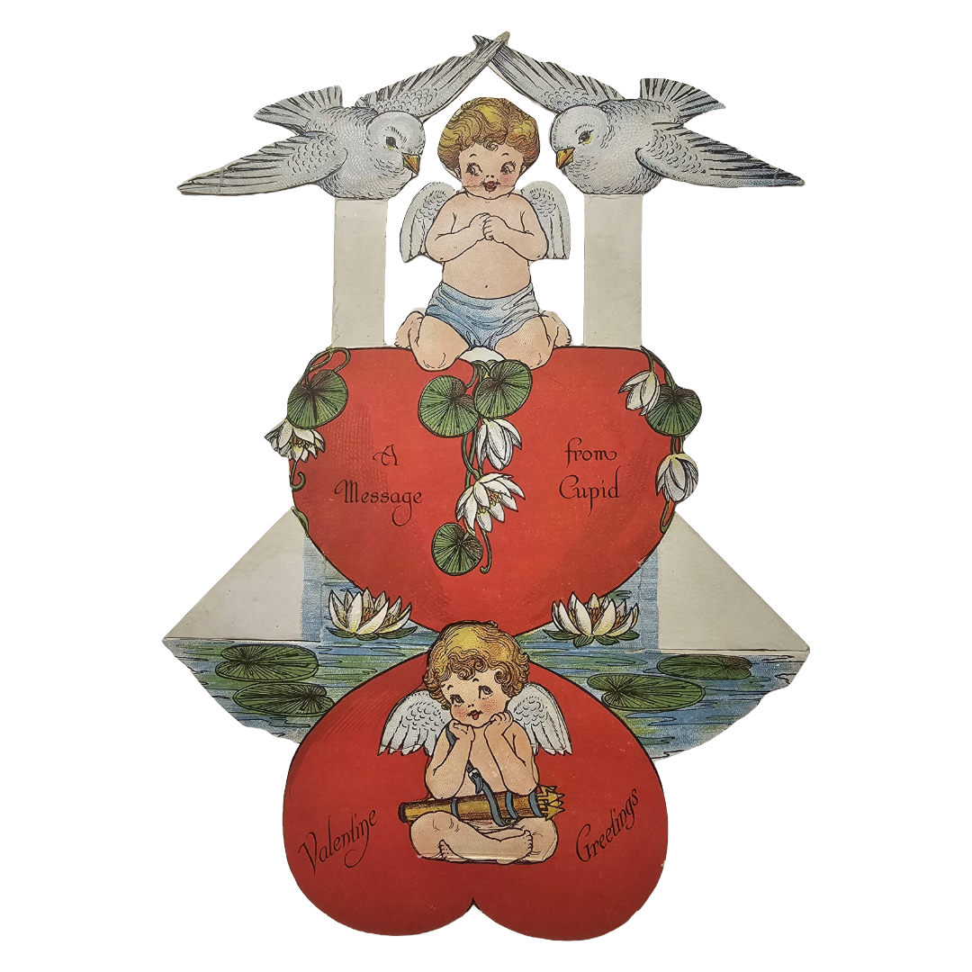 Vintage Die Cut Valentine Card Cupids with Lily Pads Hearts & Doves