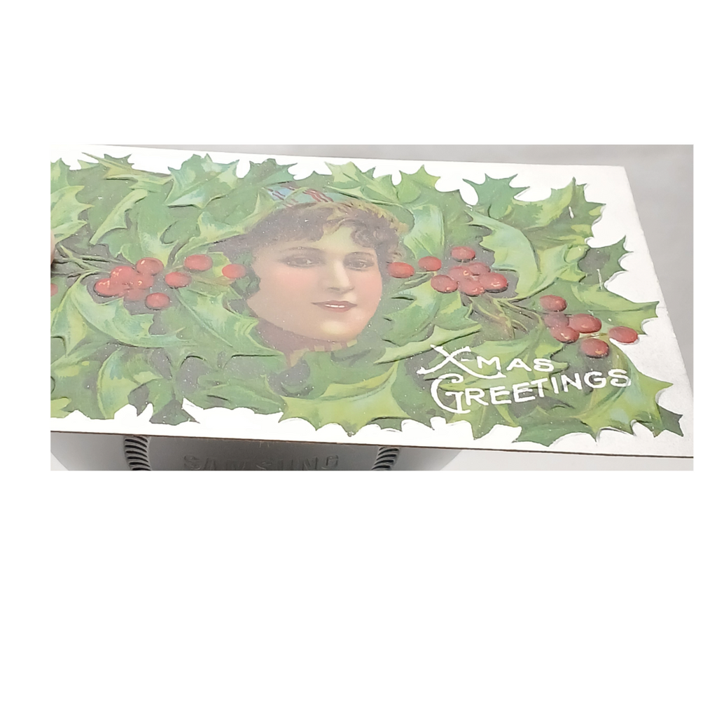 Christmas Postcard Silver Embossed Woman Face Hidden in Holly