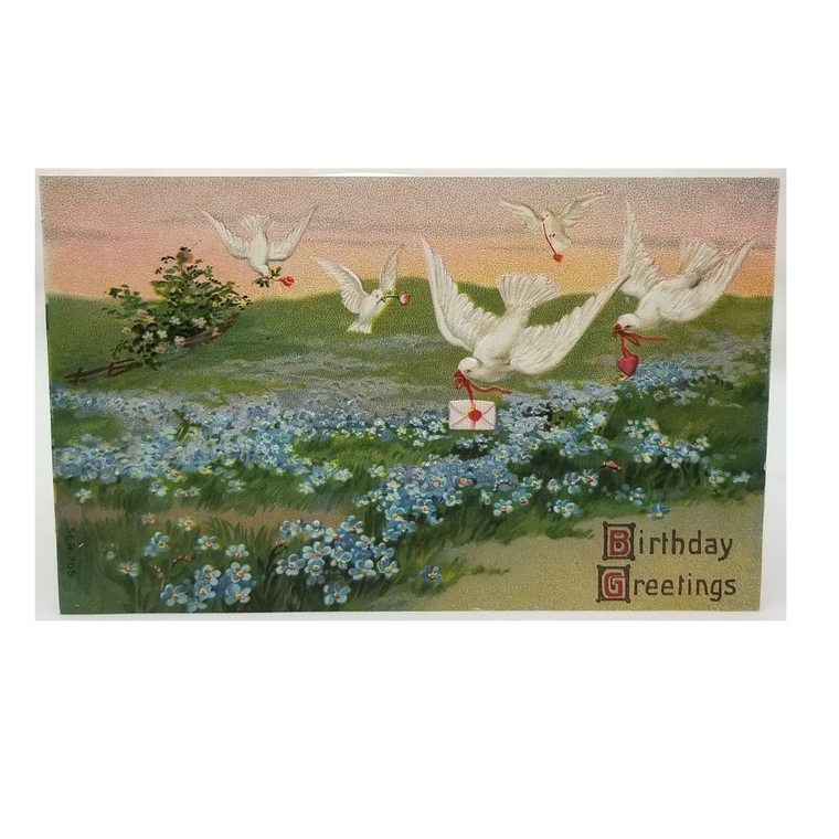 Greetings Postcard Happy Birthday Embossed Unused Card White Doves Flying Over Blue Flower Fields