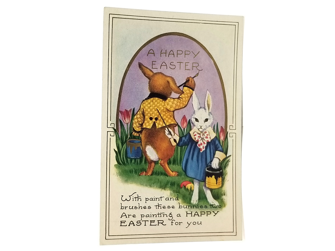 Antique Vintage German Easter Postcard, Embossed Anthropomorphic Humanized Bunny Rabbits Painting Giant Egg Whitney Pub