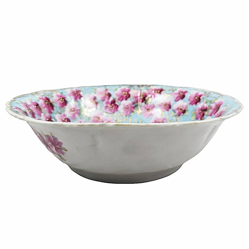 Antique Large Nippon Bowl Blue w/ Pink Flowers Moriage Gold