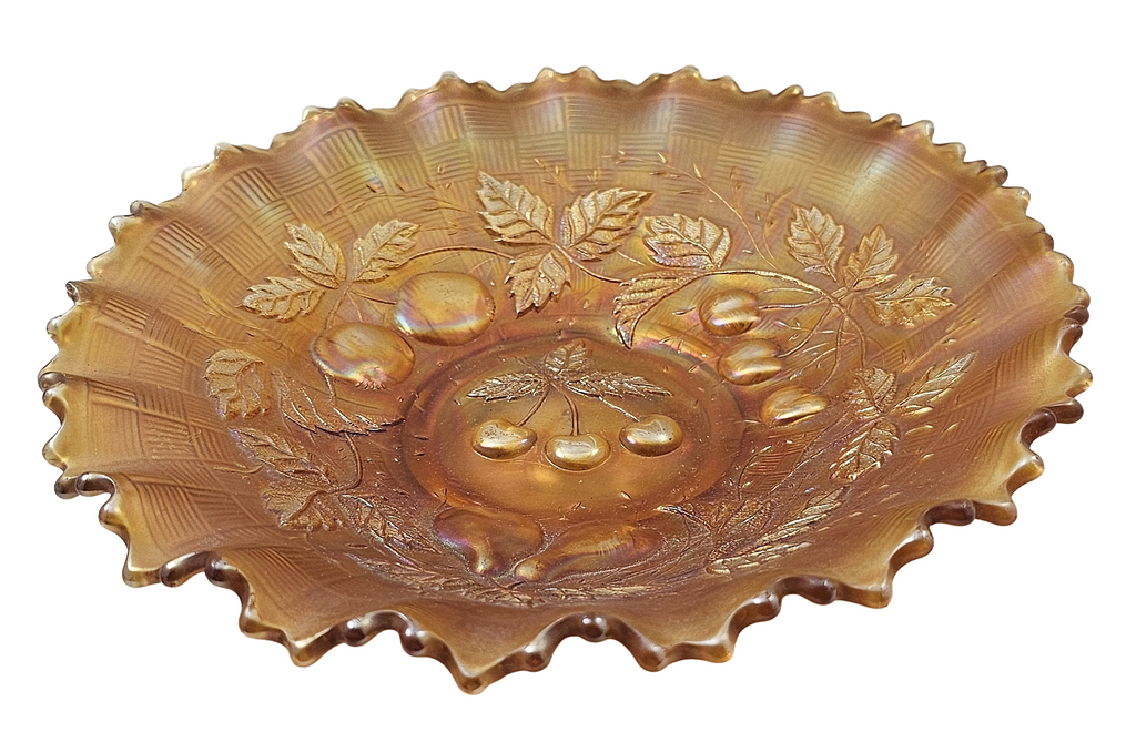 Northwood Marigold Three Fruits Carnival Glass Bowl Basket Weave Back
