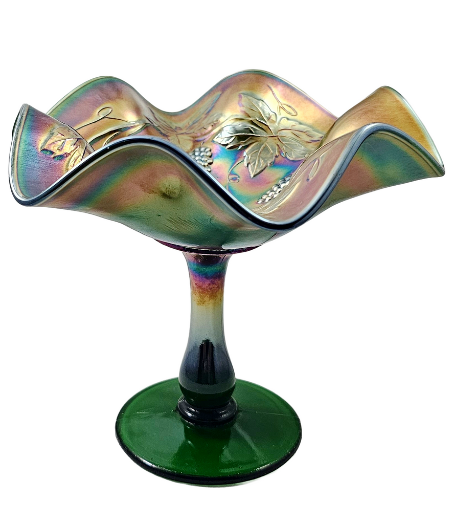 Fenton Grape & Leaves Green Carnival Glass Compote