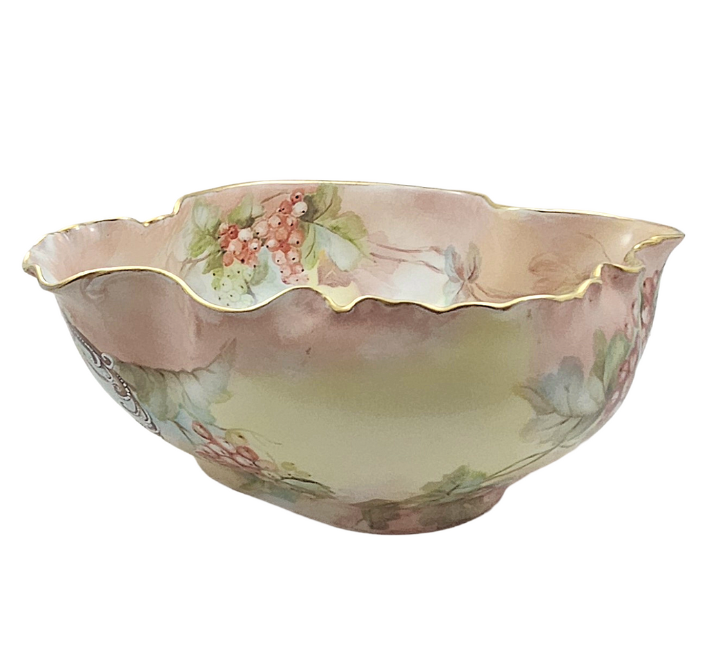 LIMOGES Porcelain Bowl Hand Painted Red Currants Branch Handle