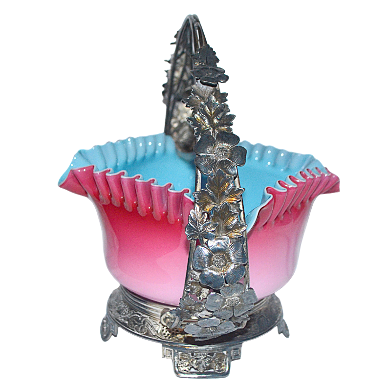Mt Washington Pairpoint Peachblow Blue Cased Art Glass Bride's Basket