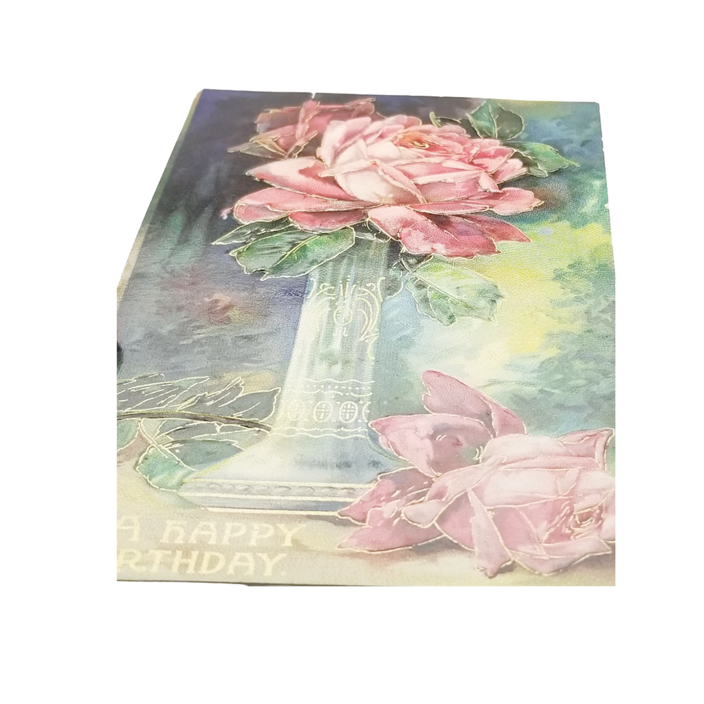 Greetings Postcard Happy Birthday Pink Roses in Vase Gold Highlights Gel Finish Series 1460