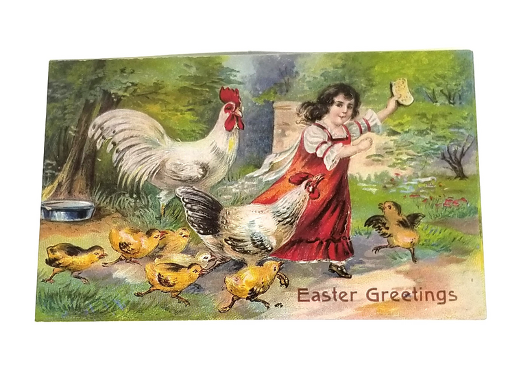 Antique Vintage Easter Postcard, Series 794 Little Girl Running From Large White Rooster and Baby Chicks, German Embossed Card