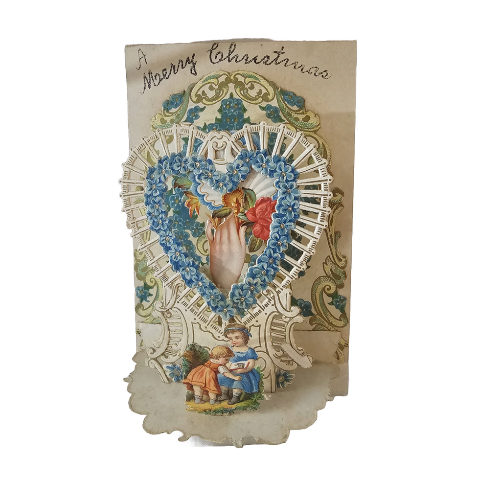 Vintage Christmas Mechanical Postcard, Antique Holiday Card, Rare Fold Down Die Cut Card with Hand Heart and Children