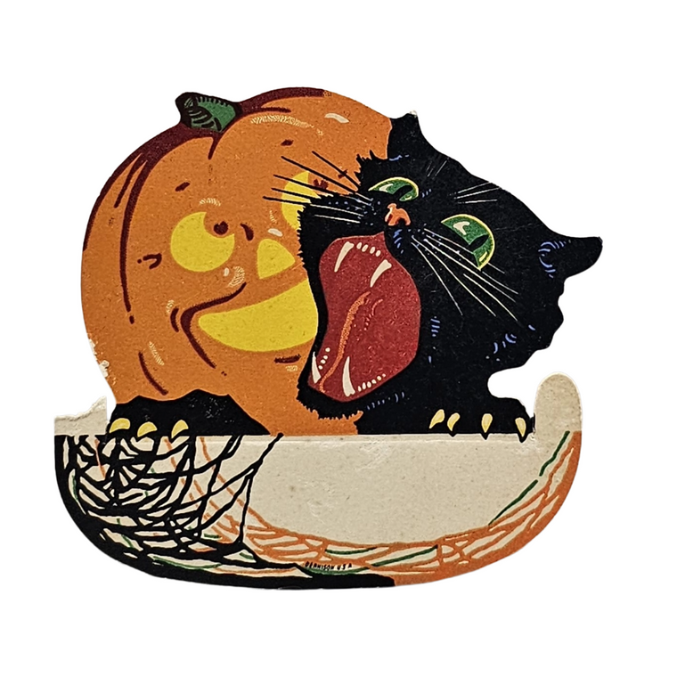 Vintage Halloween Die Cut Dennison Deco 1920s Place Card Scary Black Cat JOL Pumpkin Scarce