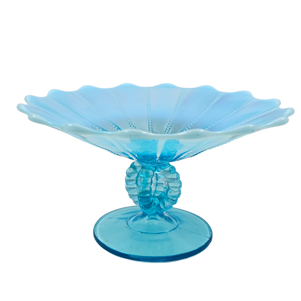 Northwood Beaded Panel Aqua Blue Opalescent Glass Compote