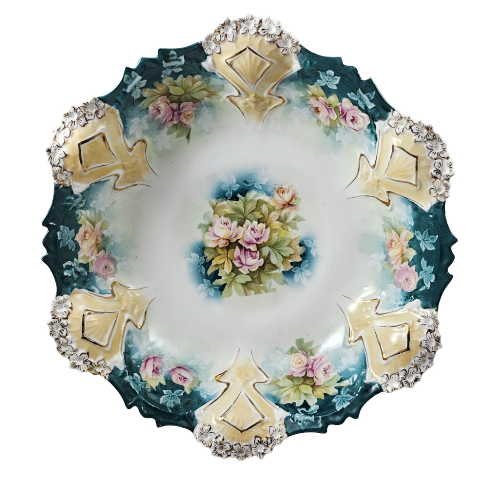 Antique RS Prussia 10.5” Bowl Mold 82 Variation Teal Green Pink Roses