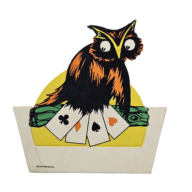 Vintage Dennison Halloween Die Cut Place Card Owl Holding Playing Cards